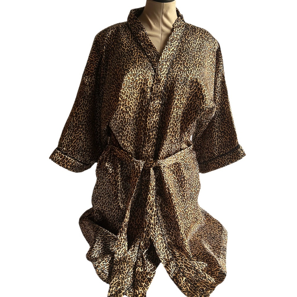 Premiere Intimates Leopard Print Satin Robe with Wide Sleeves
